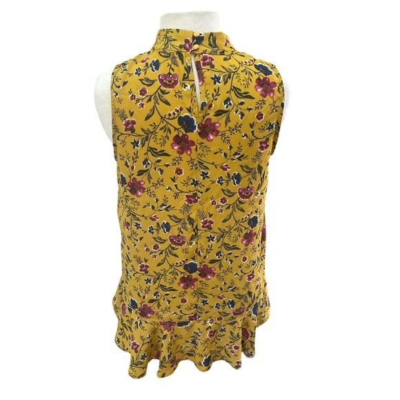 Pleione Mustard Floral High-Neck Sleeveless Blouse Ruffle Hem Size Medium - Picture 3 of 6